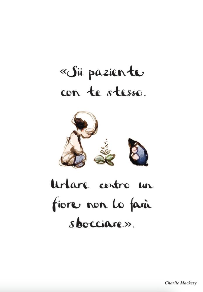 A sketch by Charlie Mackesy featuring a small boy and a mole kneeling, gently observing a small plant with a few leaves. Above and below them, handwritten Italian text says, Be patient with yourself. Shouting at a flower won't make it bloom.